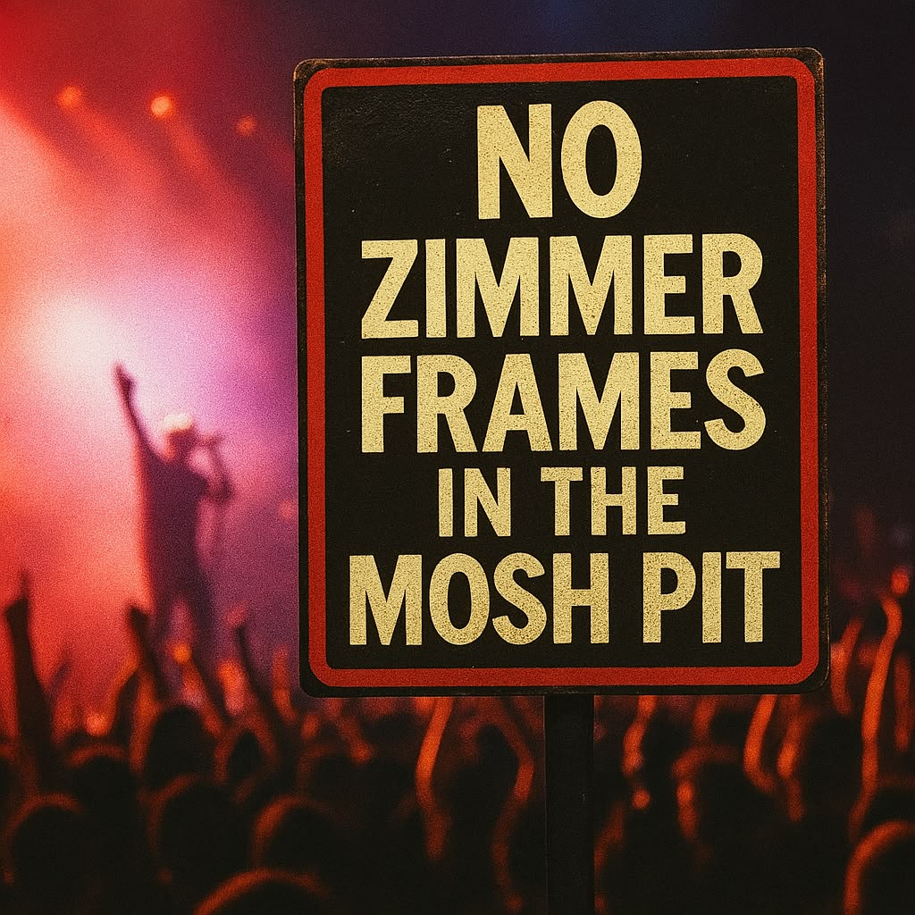 A hand-lettered gig sign reading No Zimmer Frames in the Mosh Pit, held up at a concert with a crowd and stage lights in the background.